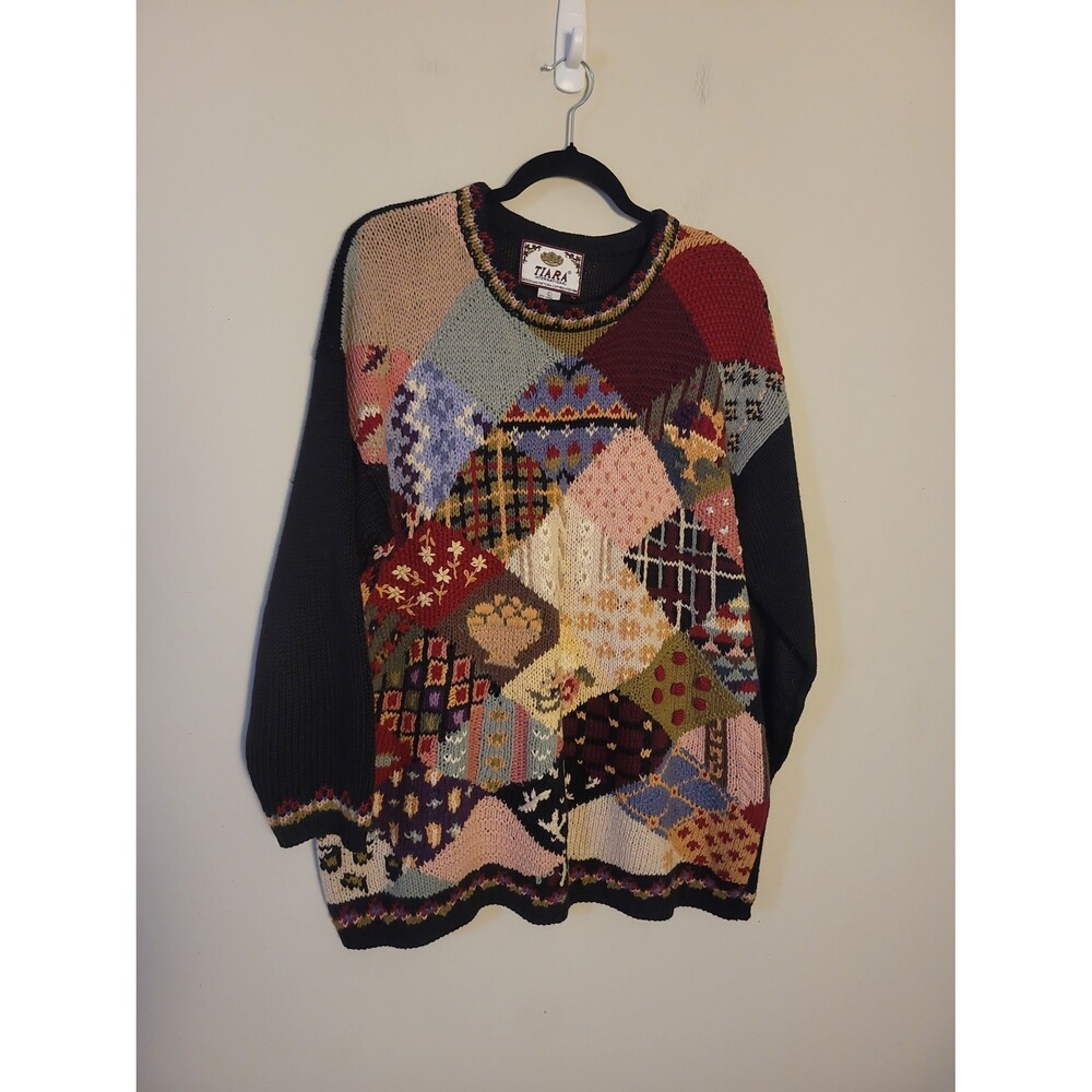 VTG 1996 Tiara Patchwork Design Pullover Sweater Sz L